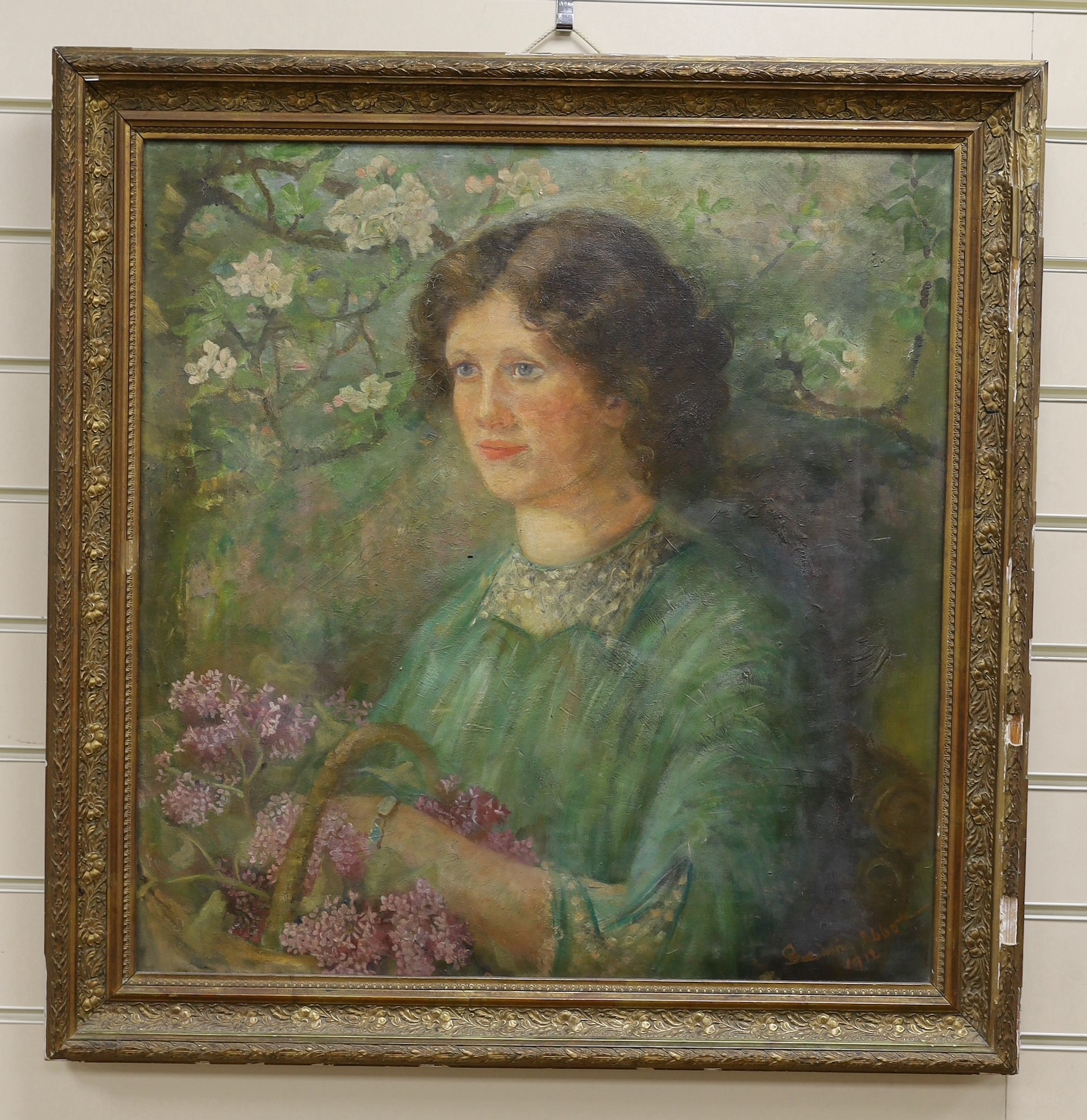 Gwendoline Abbot, oil on canvas, Portrait of a young lady picking lilac blossoms, signed and dated 1912, 63 x 60cm